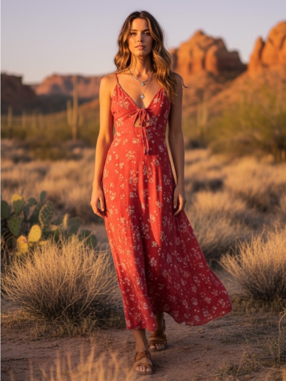 Missguided Red Floral Front-Tie Cut-Out Adjustable Maxi Boho Dress